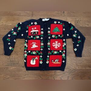 HOLE* The Eagle’s Eye Women’s Size Large Christmas Cardigan Sweater Navy Vintage